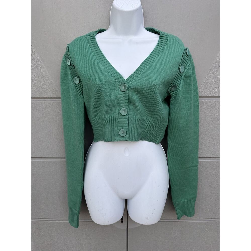 For Love And Lemons Cable knit Detachable Sleeve Cropped Cardigan 2X Kelly Green - Picture 4 of 12